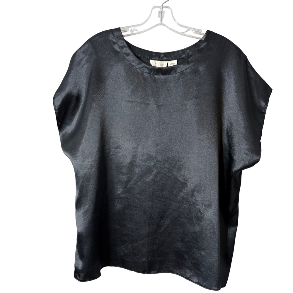 Gitano Satin Blouse Womens M/L 38 Black Short Sleeve Scoop Neck Vintage Top